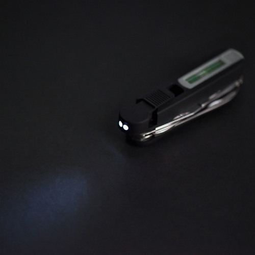 Нож многофункциональный "УРОВЕНЬ"  (11 функций),  фонарь (2 LED)  в подарочной упаковке (черный)